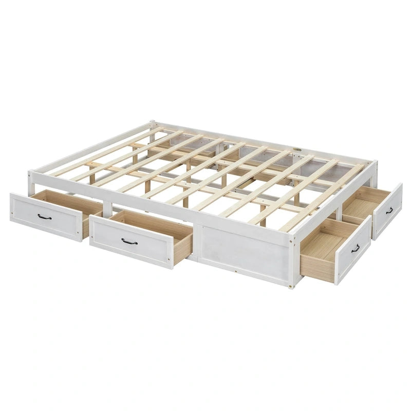 Lit plateforme format grand lit avec 6 tiroirs de rangement, blanc antique