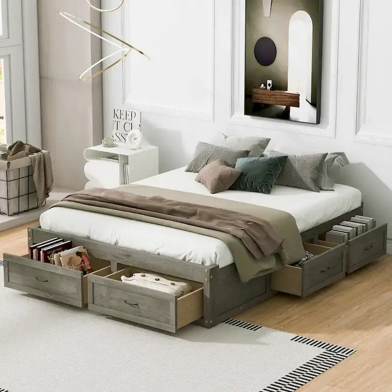 Lit plateforme format grand lit avec 6 tiroirs de rangement, blanc antique