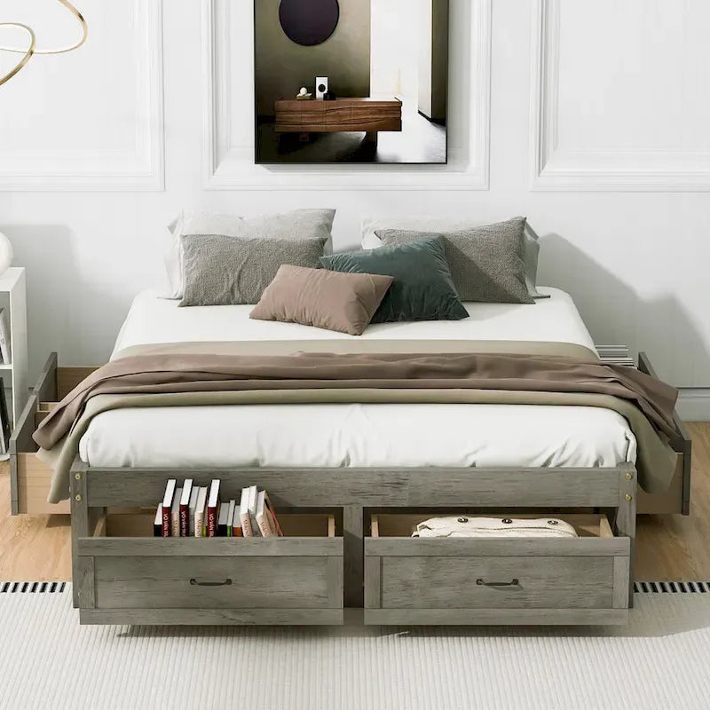 Lit plateforme format grand lit avec 6 tiroirs de rangement, blanc antique