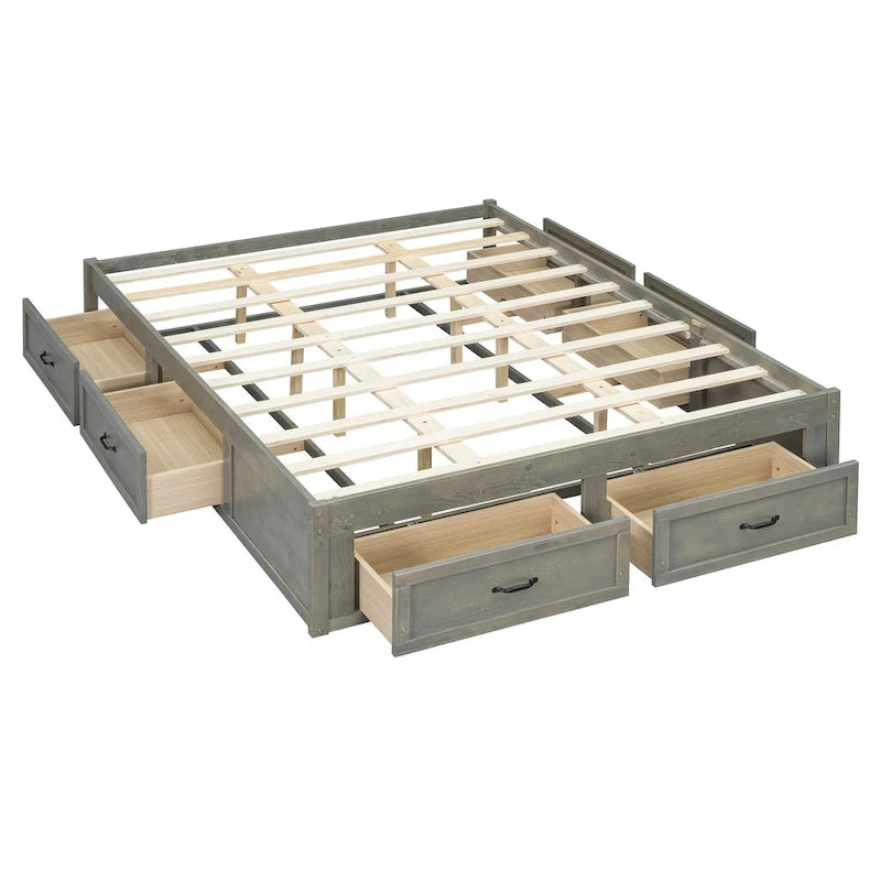 Lit plateforme format grand lit avec 6 tiroirs de rangement, blanc antique