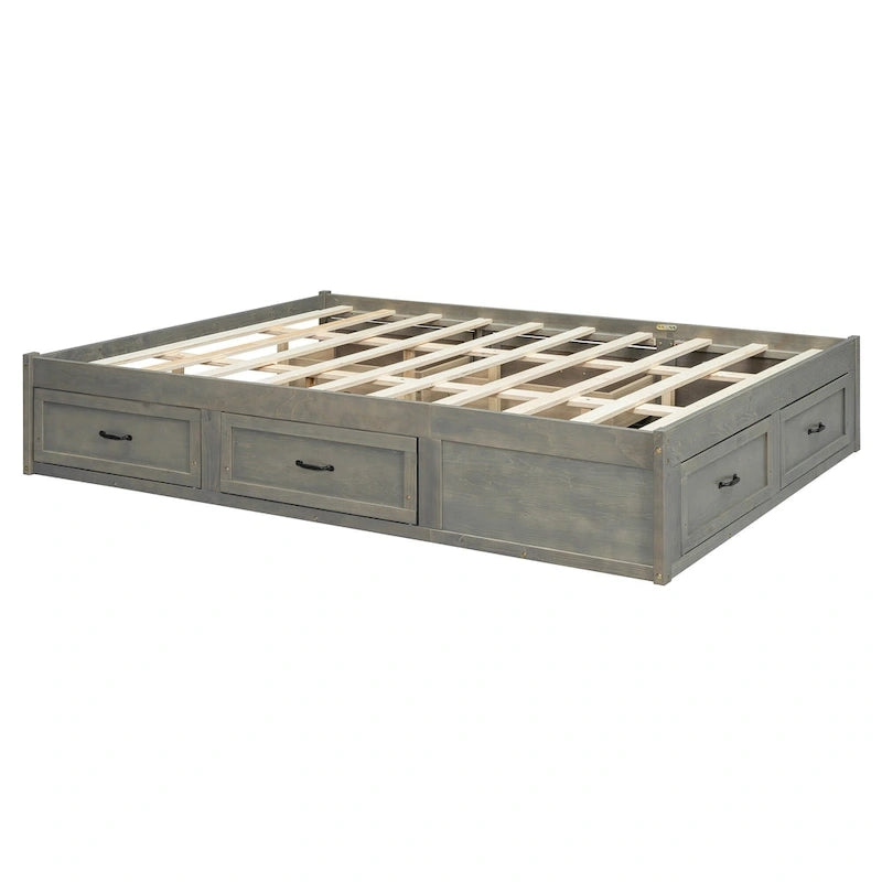 Lit plateforme format grand lit avec 6 tiroirs de rangement, blanc antique