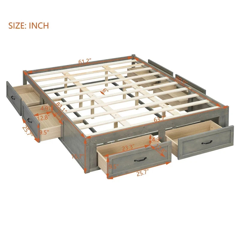 Lit plateforme format grand lit avec 6 tiroirs de rangement, blanc antique