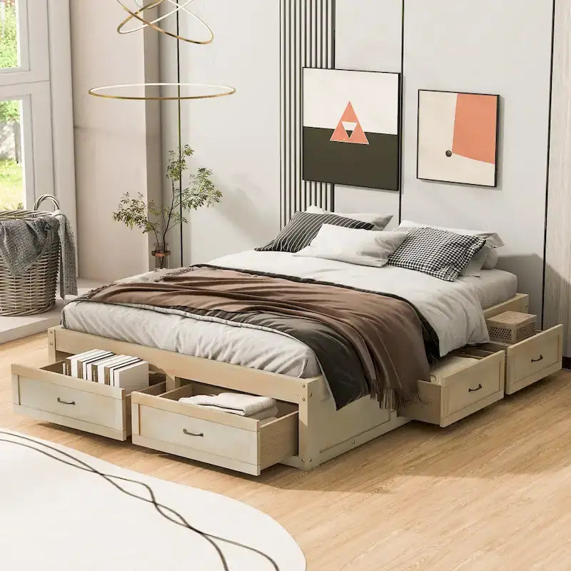 Lit plateforme format grand lit avec 6 tiroirs de rangement, blanc antique