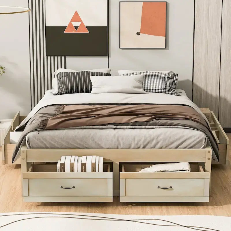 Lit plateforme format grand lit avec 6 tiroirs de rangement, blanc antique