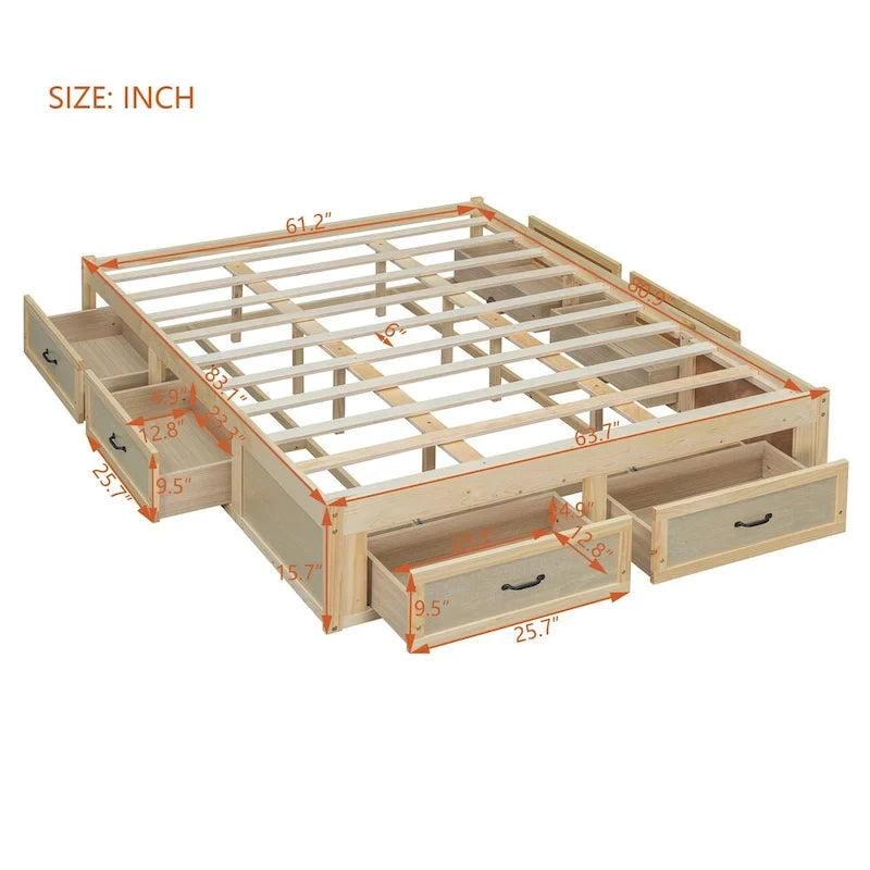 Lit plateforme format grand lit avec 6 tiroirs de rangement, blanc antique