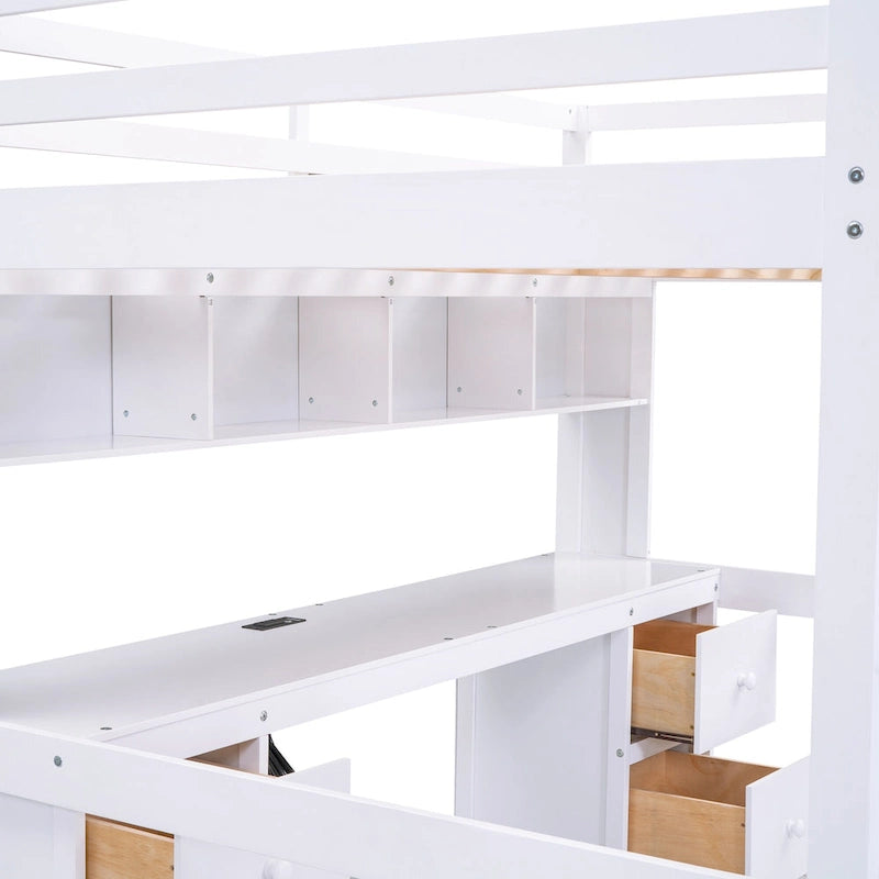 Lit mezzanine en bois pleine grandeur avec bureau, armoires, tiroirs et station de recharge
