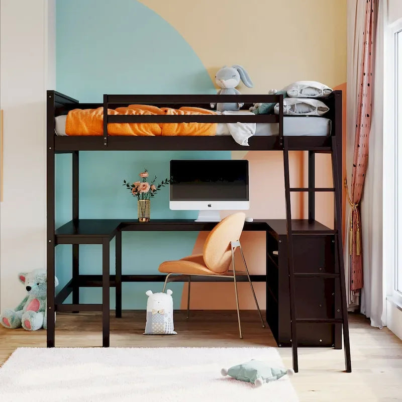 Lit mezzanine pleine grandeur avec étagères et bureau, lit mezzanine en bois avec bureau