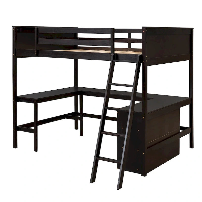 Lit mezzanine pleine grandeur avec étagères et bureau, lit mezzanine en bois avec bureau