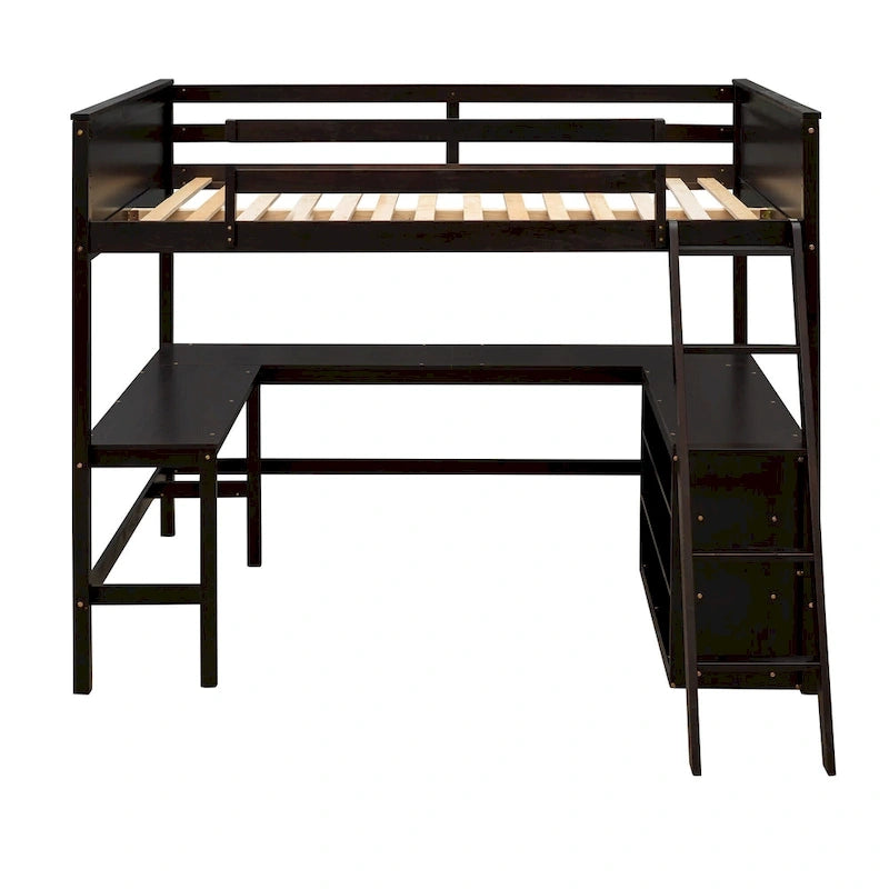 Lit mezzanine pleine grandeur avec étagères et bureau, lit mezzanine en bois avec bureau