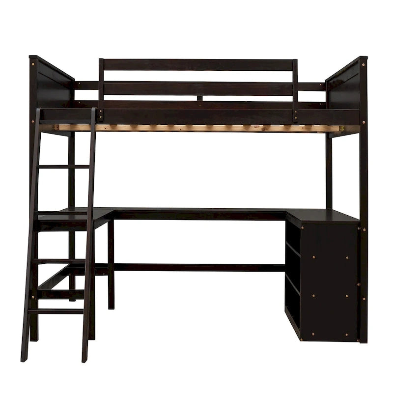 Lit mezzanine pleine grandeur avec étagères et bureau, lit mezzanine en bois avec bureau
