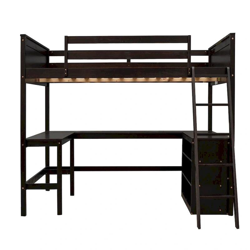 Lit mezzanine pleine grandeur avec étagères et bureau, lit mezzanine en bois avec bureau