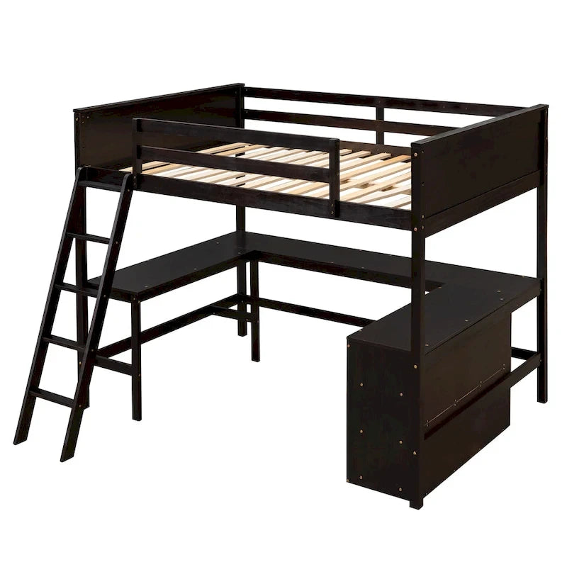 Lit mezzanine pleine grandeur avec étagères et bureau, lit mezzanine en bois avec bureau