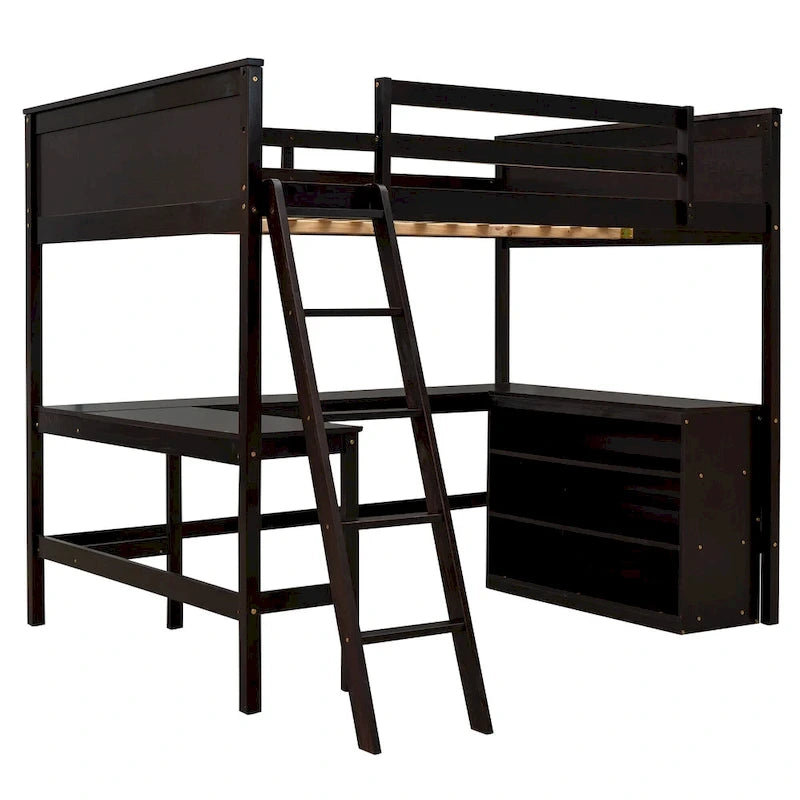 Lit mezzanine pleine grandeur avec étagères et bureau, lit mezzanine en bois avec bureau