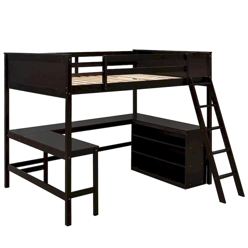 Lit mezzanine pleine grandeur avec étagères et bureau, lit mezzanine en bois avec bureau