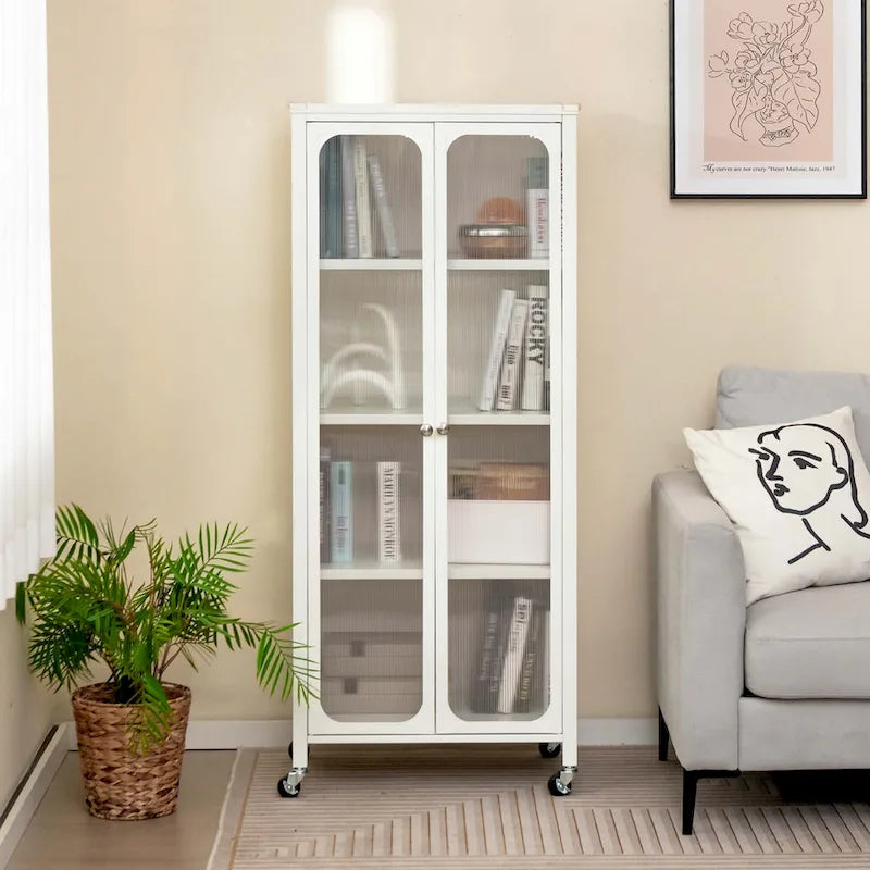 Meuble de rangement Costway avec roulettes et 2 portes translucides réglables - Voir les détails