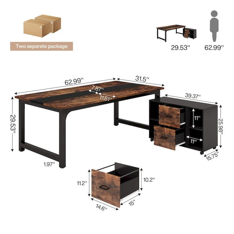 Ensemble de bureau de direction 63 po avec classeur latéral 40 po pour bureau à domicile