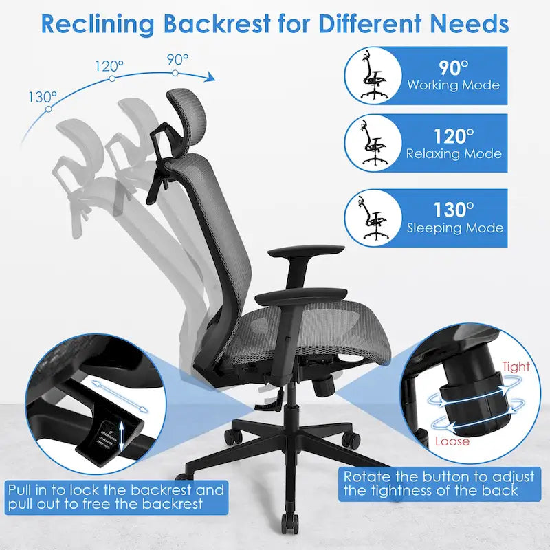 Costway Fauteuil de Bureau Ergonomique Inclinable en Maille à Dossier Haut - Voir les détails
