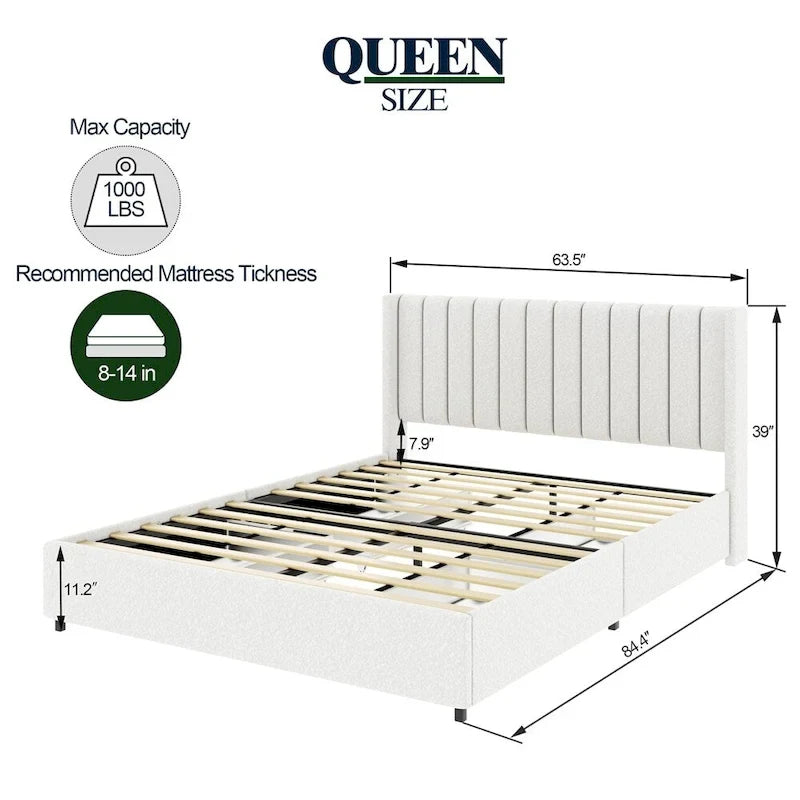 Lit plateforme rembourré en boucle ivoire format Queen avec rangement 4 tiroirs