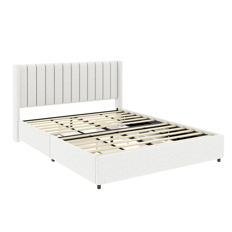 Lit plateforme rembourré en boucle ivoire format Queen avec rangement 4 tiroirs