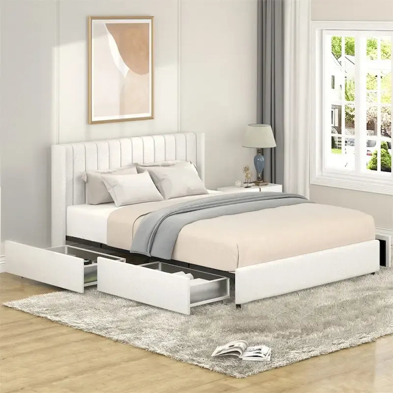 Lit plateforme rembourré en boucle ivoire format Queen avec rangement 4 tiroirs
