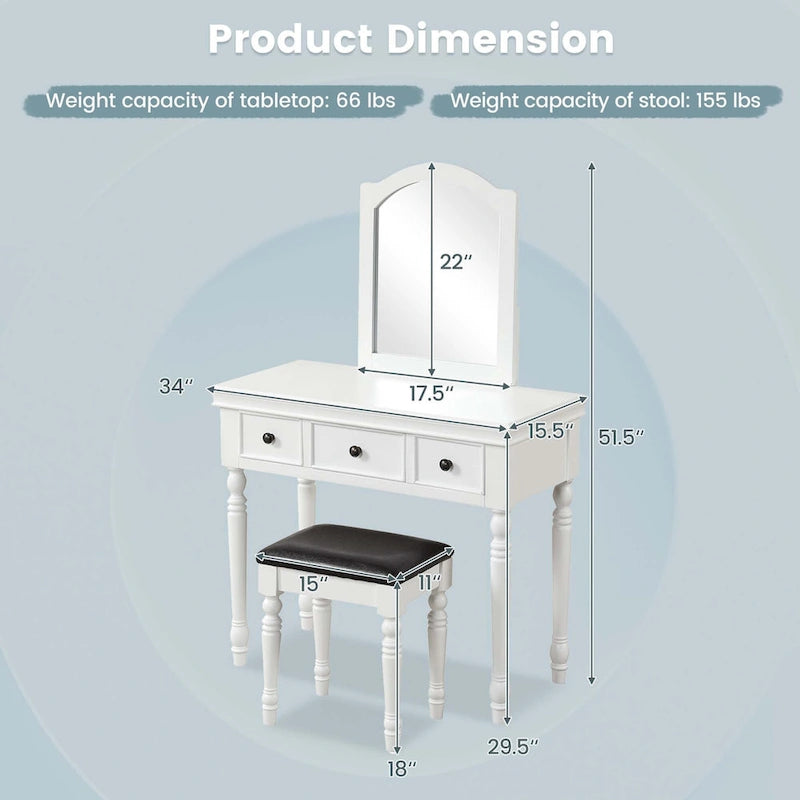 Costway Coiffeuse avec Tabouret Rembourré et 3 Grands Tiroirs - Voir Détails