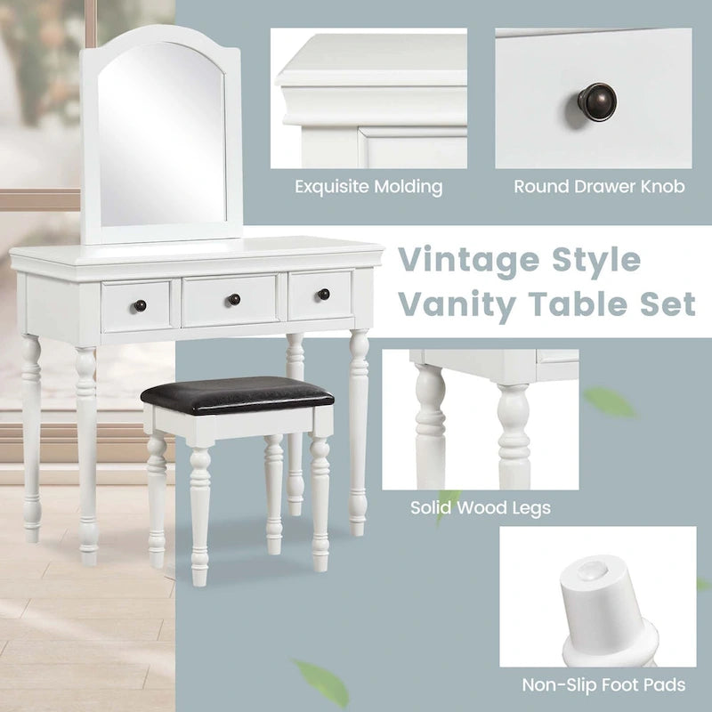 Costway Coiffeuse avec Tabouret Rembourré et 3 Grands Tiroirs - Voir Détails