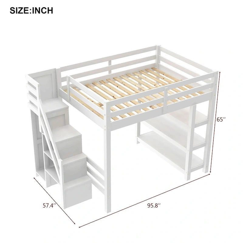 Lit mezzanine simple/double avec escalier de rangement - Étagères, armoire et lumière LED, design peu encombrant