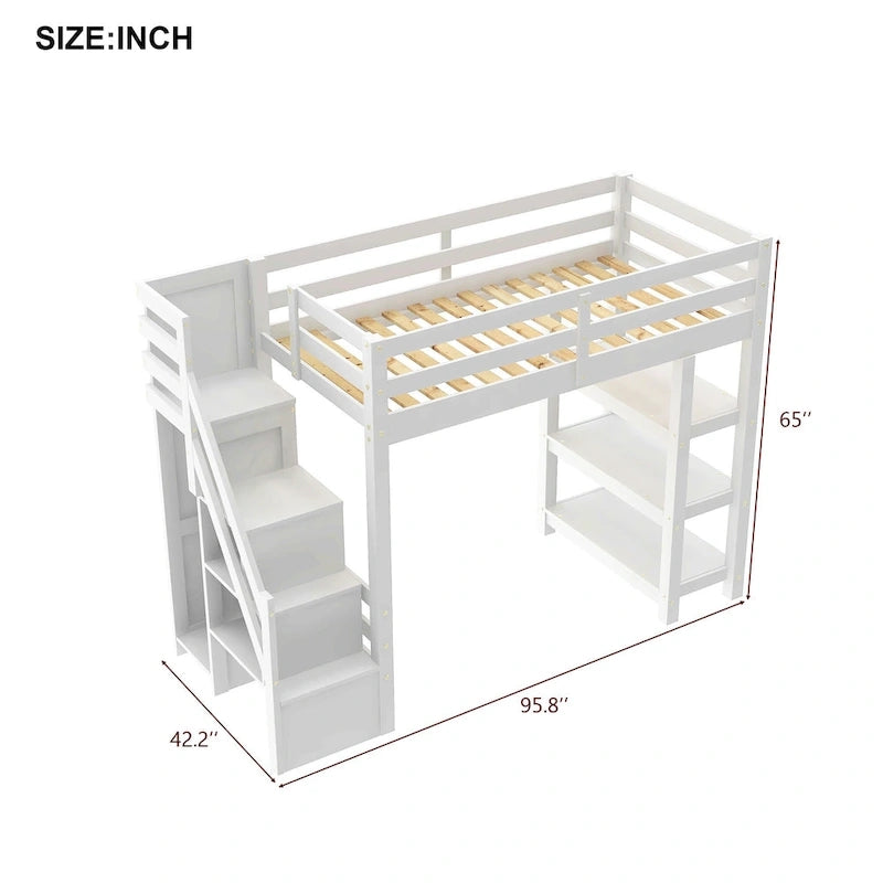 Lit mezzanine simple/double avec escalier de rangement - Étagères, armoire et lumière LED, design peu encombrant