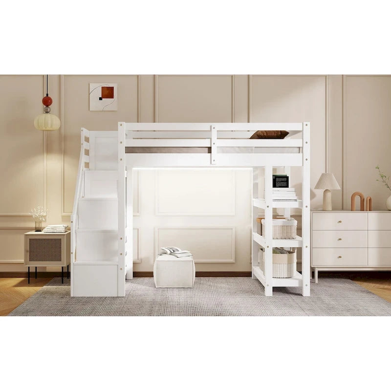 Lit mezzanine simple/double avec escalier de rangement - Étagères, armoire et lumière LED, design peu encombrant