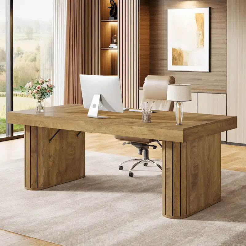 70.9 Executive Desk, Farmhouse Computer Desk, Large Workstation for Home Office, Brown