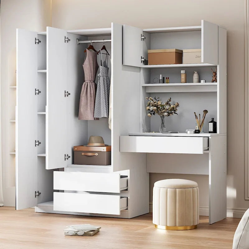 Armoire-penderie 3-en-1 avec coiffeuse, ensemble de bureau, armoire de chambre avec 2 tiroirs, armoire-penderie à 3 portes avec espace de rangement