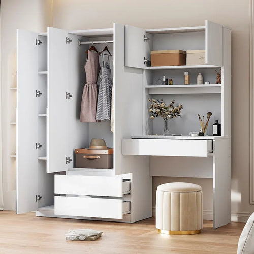 Armoire-penderie 3-en-1 avec coiffeuse, ensemble de bureau, armoire de chambre avec 2 tiroirs, armoire-penderie à 3 portes avec espace de rangement