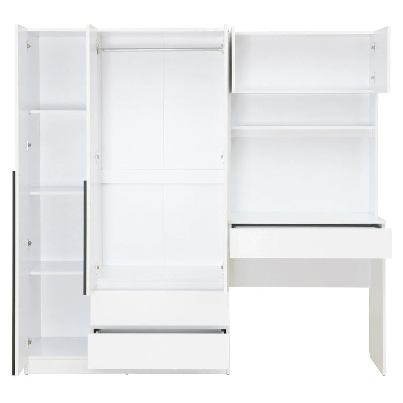 Armoire-penderie 3-en-1 avec coiffeuse, ensemble de bureau, armoire de chambre avec 2 tiroirs, armoire-penderie à 3 portes avec espace de rangement