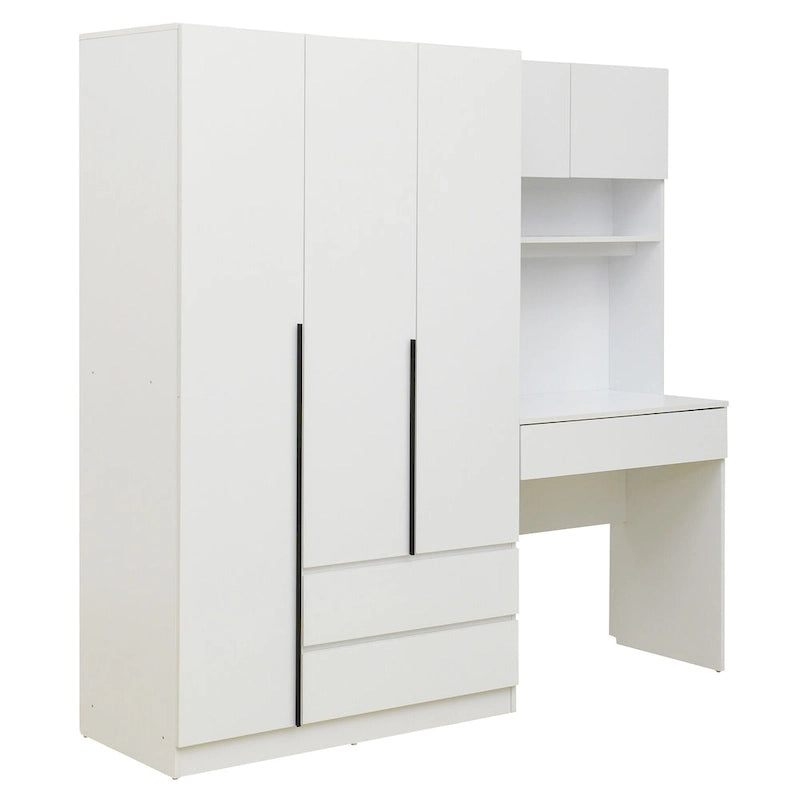 Armoire-penderie 3-en-1 avec coiffeuse, ensemble de bureau, armoire de chambre avec 2 tiroirs, armoire-penderie à 3 portes avec espace de rangement