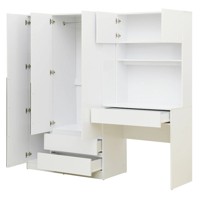 Armoire-penderie 3-en-1 avec coiffeuse, ensemble de bureau, armoire de chambre avec 2 tiroirs, armoire-penderie à 3 portes avec espace de rangement