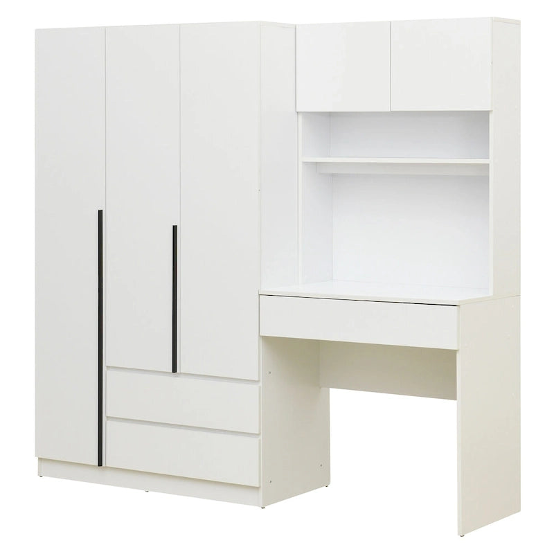 Armoire-penderie 3-en-1 avec coiffeuse, ensemble de bureau, armoire de chambre avec 2 tiroirs, armoire-penderie à 3 portes avec espace de rangement