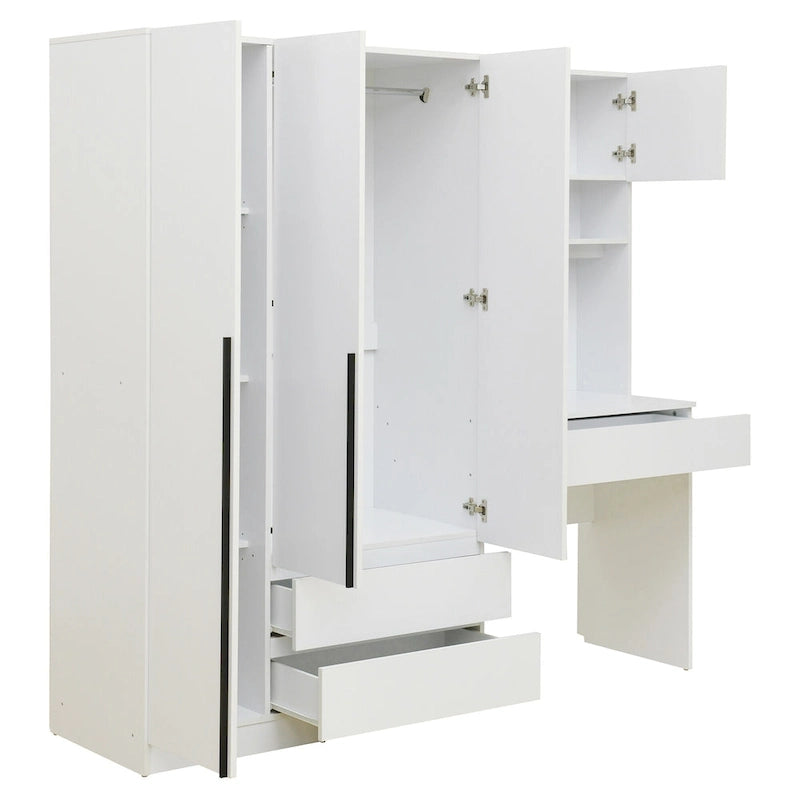 Armoire-penderie 3-en-1 avec coiffeuse, ensemble de bureau, armoire de chambre avec 2 tiroirs, armoire-penderie à 3 portes avec espace de rangement