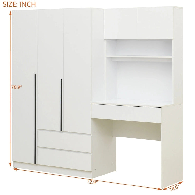 Armoire-penderie 3-en-1 avec coiffeuse, ensemble de bureau, armoire de chambre avec 2 tiroirs, armoire-penderie à 3 portes avec espace de rangement