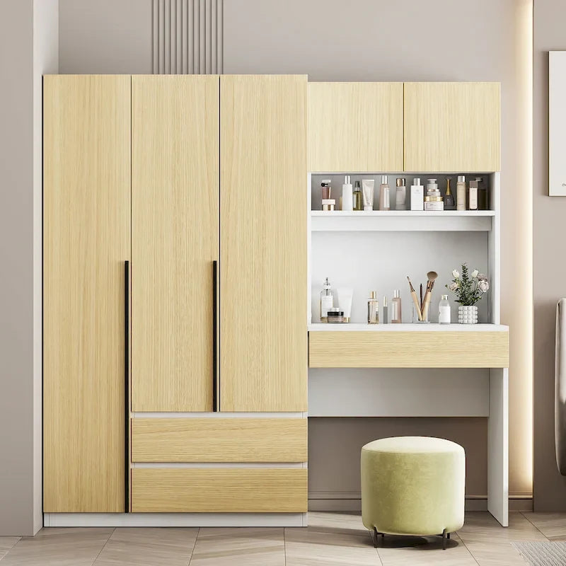 Armoire-penderie 3-en-1 avec coiffeuse, ensemble de bureau, armoire de chambre avec 2 tiroirs, armoire-penderie à 3 portes avec espace de rangement