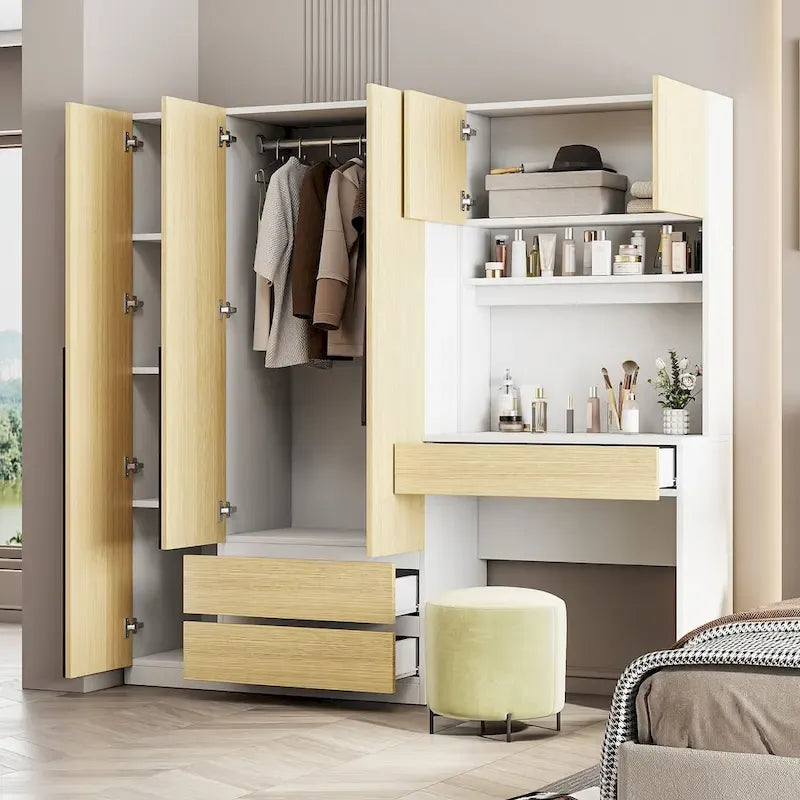 Armoire-penderie 3-en-1 avec coiffeuse, ensemble de bureau, armoire de chambre avec 2 tiroirs, armoire-penderie à 3 portes avec espace de rangement