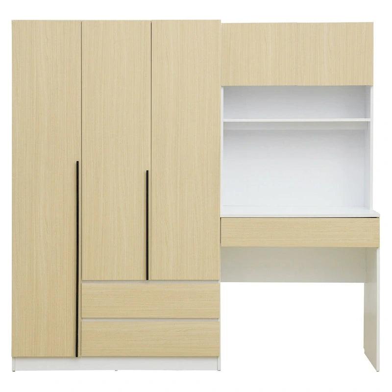 Armoire-penderie 3-en-1 avec coiffeuse, ensemble de bureau, armoire de chambre avec 2 tiroirs, armoire-penderie à 3 portes avec espace de rangement