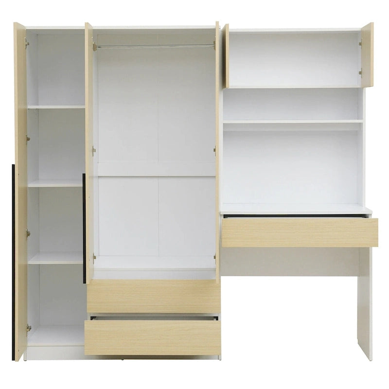 Armoire-penderie 3-en-1 avec coiffeuse, ensemble de bureau, armoire de chambre avec 2 tiroirs, armoire-penderie à 3 portes avec espace de rangement
