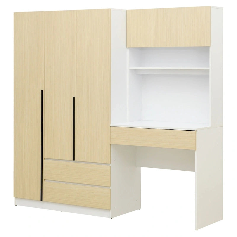 Armoire-penderie 3-en-1 avec coiffeuse, ensemble de bureau, armoire de chambre avec 2 tiroirs, armoire-penderie à 3 portes avec espace de rangement