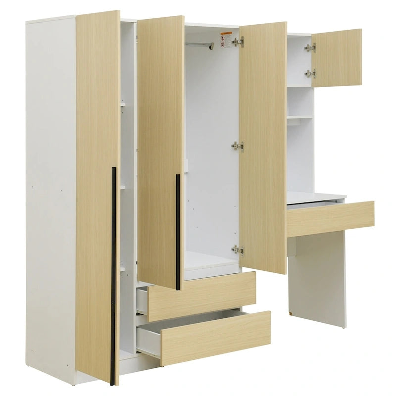 Armoire-penderie 3-en-1 avec coiffeuse, ensemble de bureau, armoire de chambre avec 2 tiroirs, armoire-penderie à 3 portes avec espace de rangement