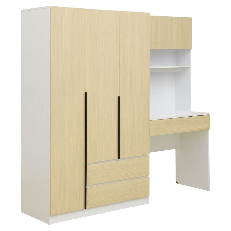 Armoire-penderie 3-en-1 avec coiffeuse, ensemble de bureau, armoire de chambre avec 2 tiroirs, armoire-penderie à 3 portes avec espace de rangement