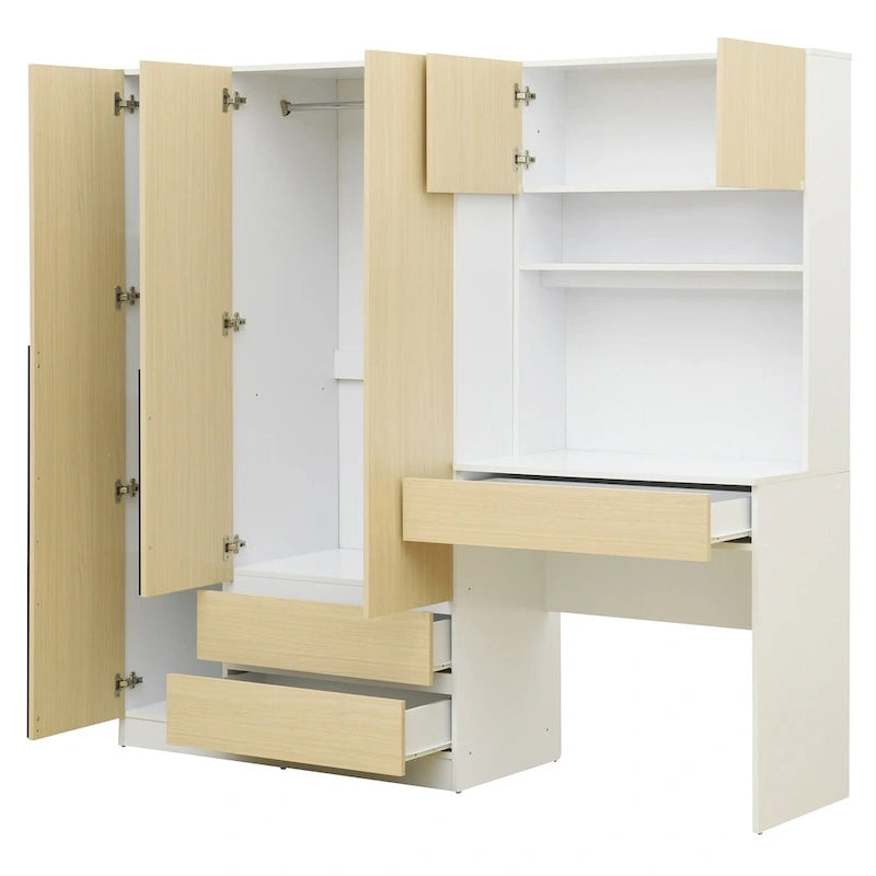 Armoire-penderie 3-en-1 avec coiffeuse, ensemble de bureau, armoire de chambre avec 2 tiroirs, armoire-penderie à 3 portes avec espace de rangement