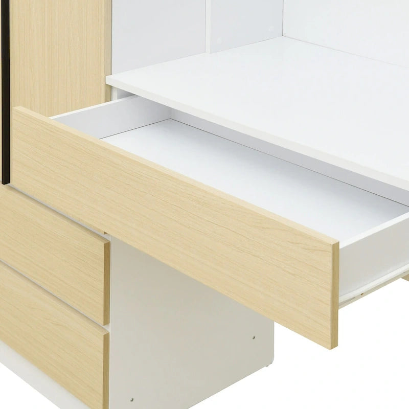 Armoire-penderie 3-en-1 avec coiffeuse, ensemble de bureau, armoire de chambre avec 2 tiroirs, armoire-penderie à 3 portes avec espace de rangement
