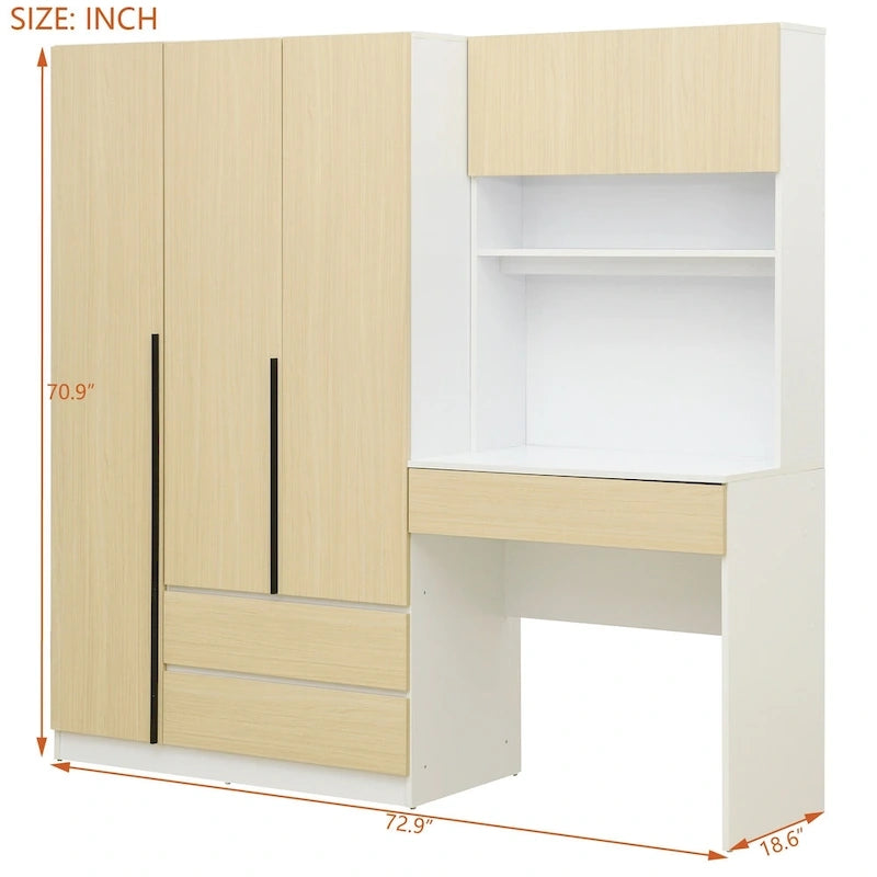 Armoire-penderie 3-en-1 avec coiffeuse, ensemble de bureau, armoire de chambre avec 2 tiroirs, armoire-penderie à 3 portes avec espace de rangement