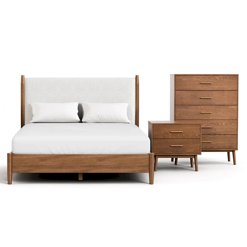 Ensemble de chambre à coucher 3 pièces en tissu bouclé, plateforme et style mid-century Beau de Furniture of America