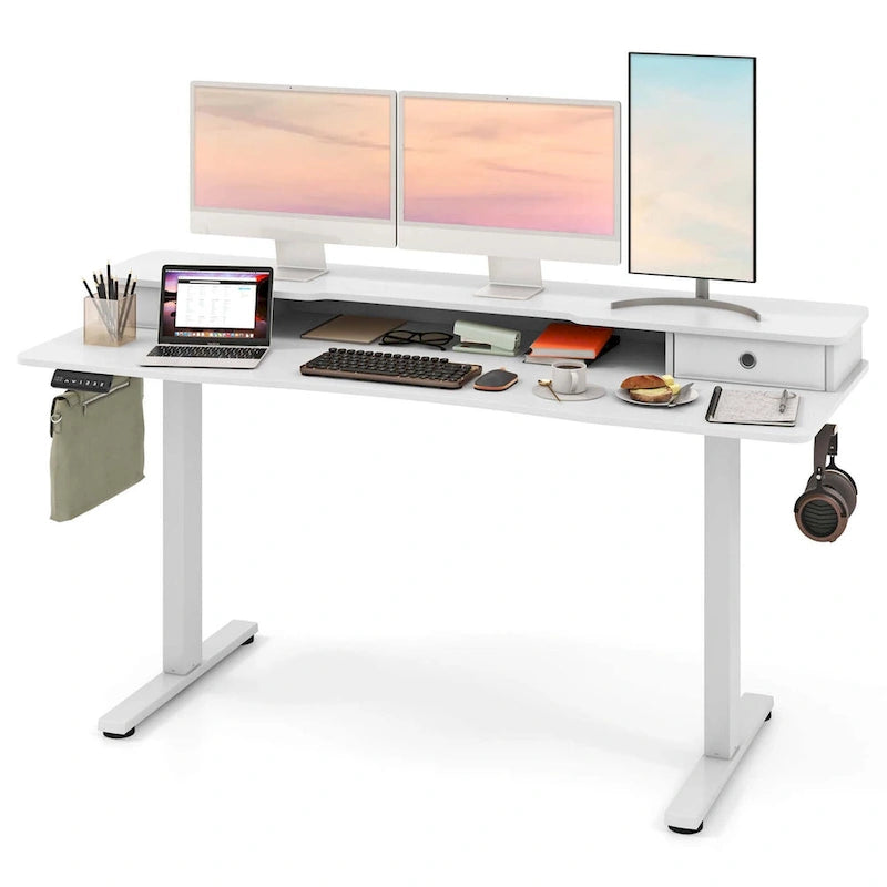 Bureau debout électrique à hauteur réglable avec étagère de rangement